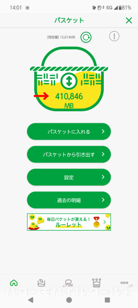 mineo パスケットに貯まったデータ量確認