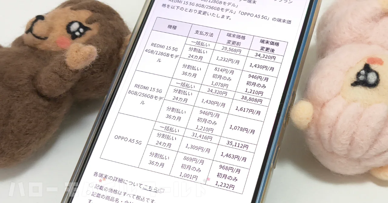 mineo で取り扱う REDMI 15 5G および OPPO A5 5G の端末価格改定について