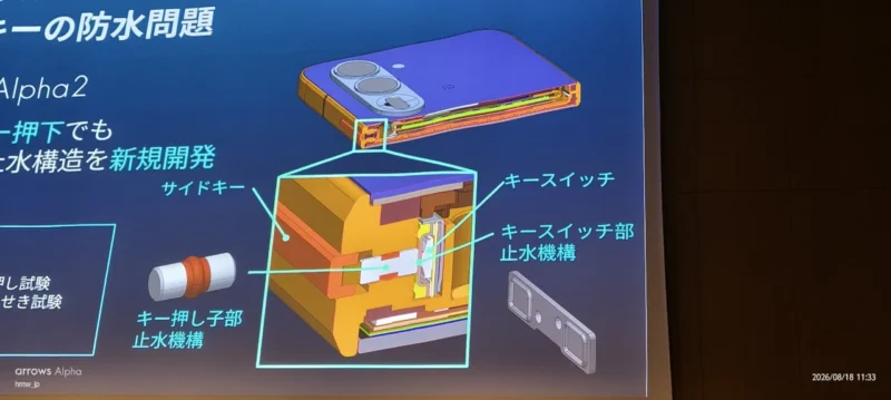 FCNT arrows Alpha2 商品戦略発表会 ケースレス水中撮影 ハードキーの防水加工について