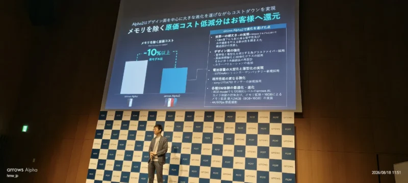 FCNT arrows Alpha2 商品戦略発表会 パネル 原価コスト低減分はお客様へ還元